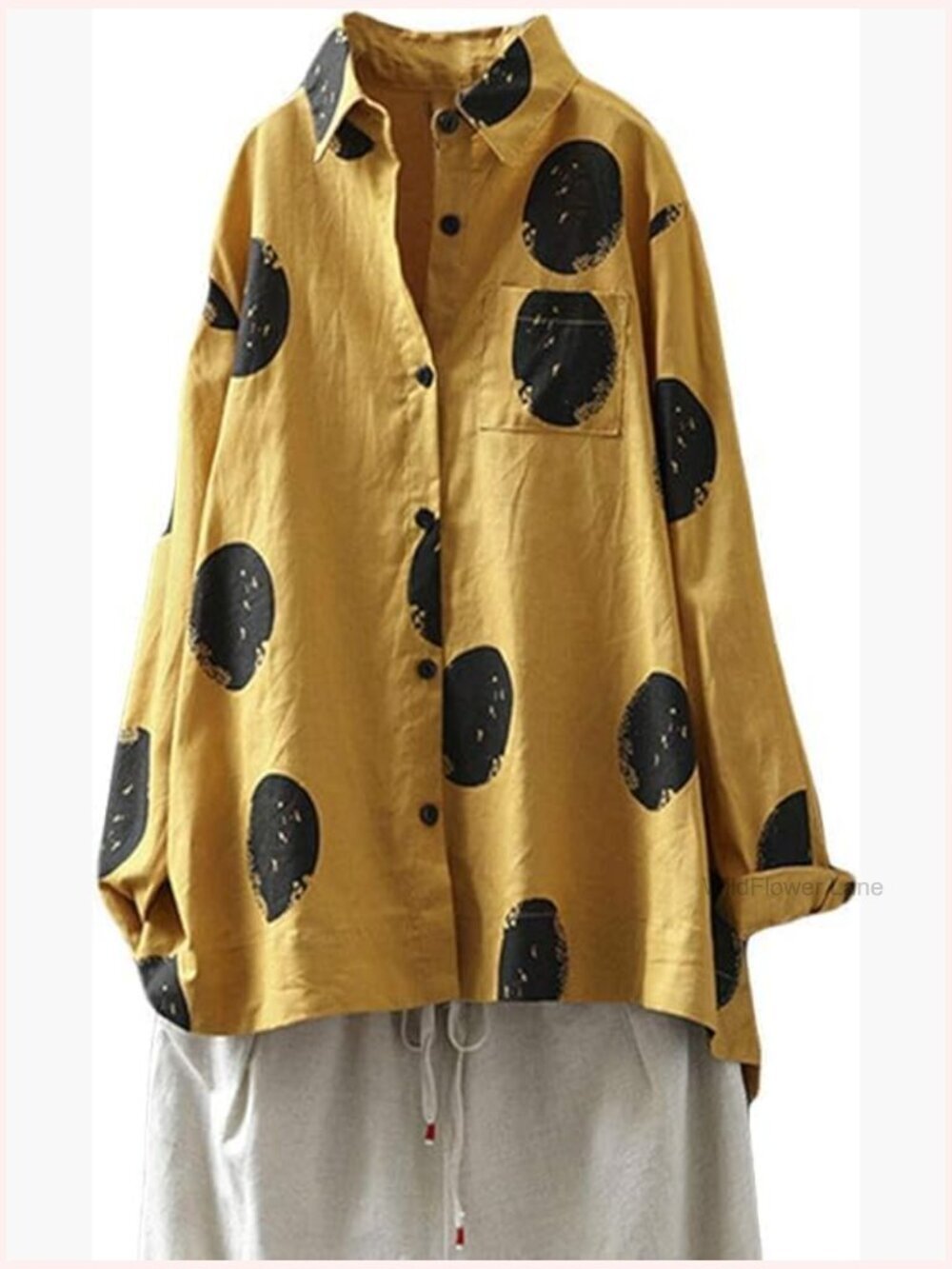 Women's Cotton Button Down Tunic Top Polka Blouse Long Sleeve Loose Fit